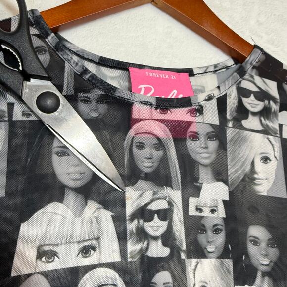Barbie x Forever 21 Small Long Sleeve Top Sheer Mesh Doll Print Black Festival - Picture 7 of 13